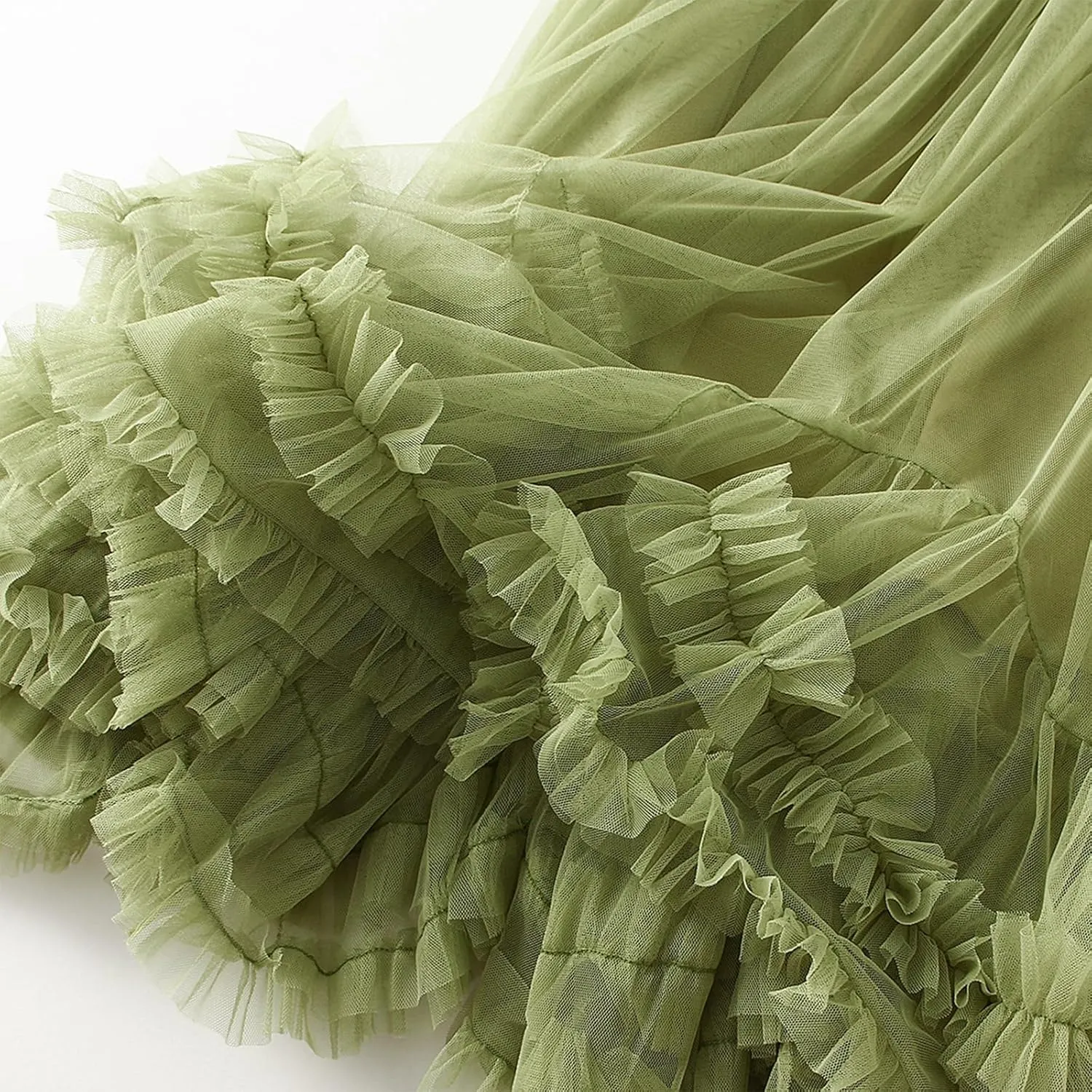Womens Tulle Long Skirts Elastic High Waist Ruffle Hem Tutu Skirts Fluffy A-line Midi Skirts