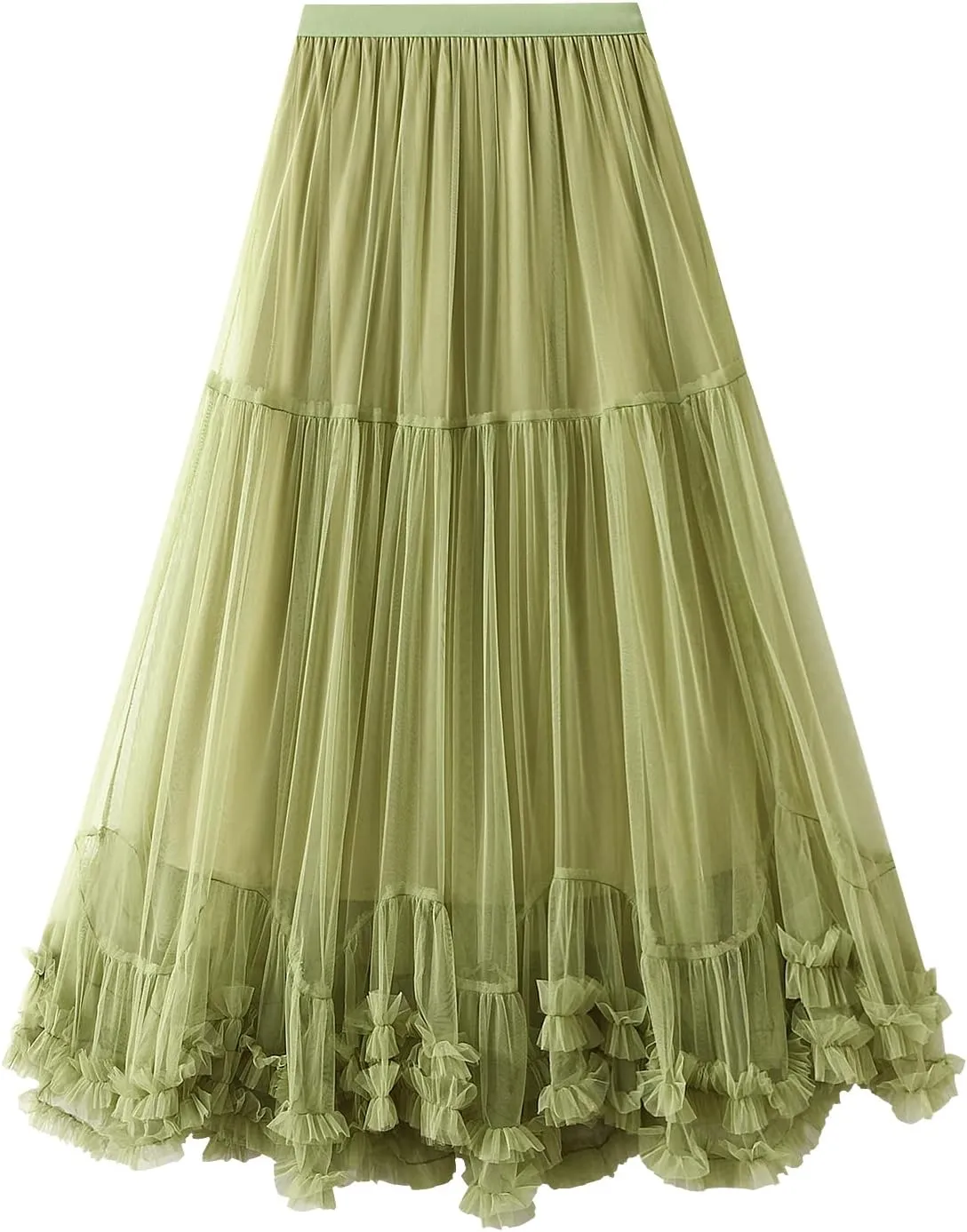Womens Tulle Long Skirts Elastic High Waist Ruffle Hem Tutu Skirts Fluffy A-line Midi Skirts
