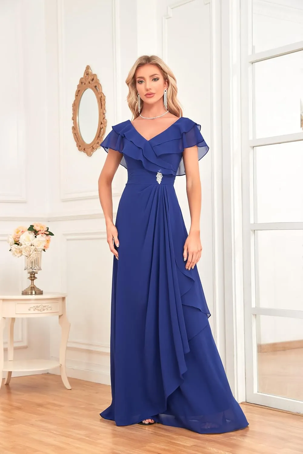 Women's V Neck Bridesmaid Dresses Flutter Sleeves Beaded Chiffon Long Formal Dress with Pockets HS018
