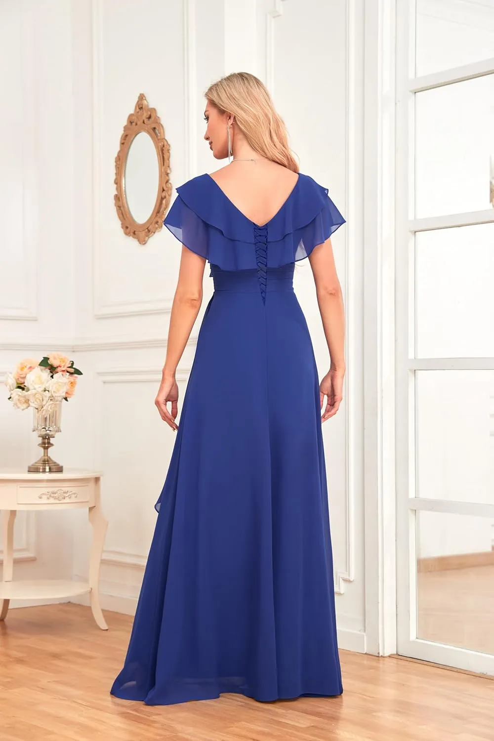 Women's V Neck Bridesmaid Dresses Flutter Sleeves Beaded Chiffon Long Formal Dress with Pockets HS018