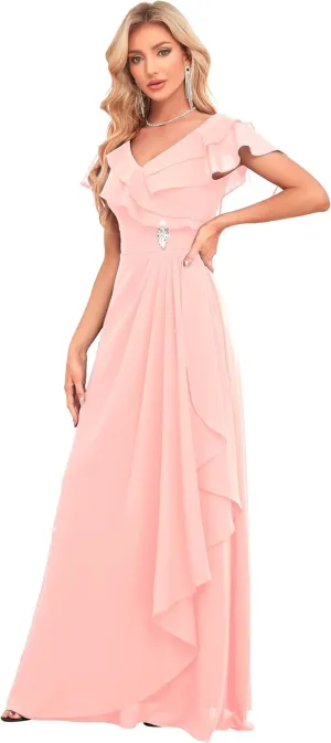 Women's V Neck Bridesmaid Dresses Flutter Sleeves Beaded Chiffon Long Formal Dress with Pockets HS018
