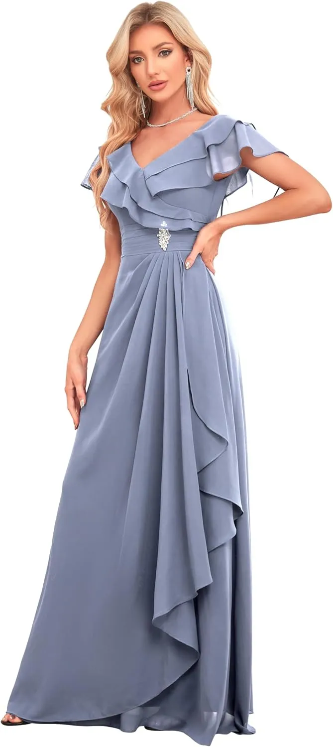 Women's V Neck Bridesmaid Dresses Flutter Sleeves Beaded Chiffon Long Formal Dress with Pockets HS018