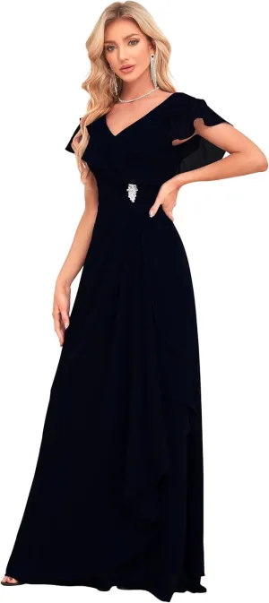 Women's V Neck Bridesmaid Dresses Flutter Sleeves Beaded Chiffon Long Formal Dress with Pockets HS018