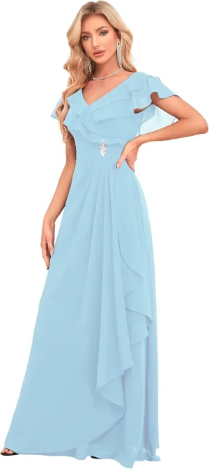 Women's V Neck Bridesmaid Dresses Flutter Sleeves Beaded Chiffon Long Formal Dress with Pockets HS018