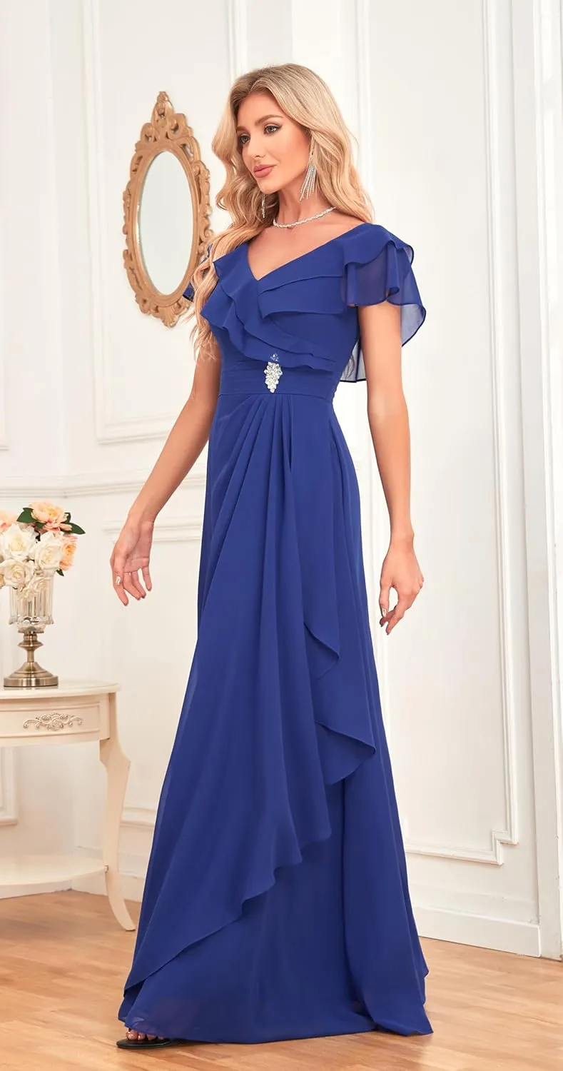 Women's V Neck Bridesmaid Dresses Flutter Sleeves Beaded Chiffon Long Formal Dress with Pockets M027