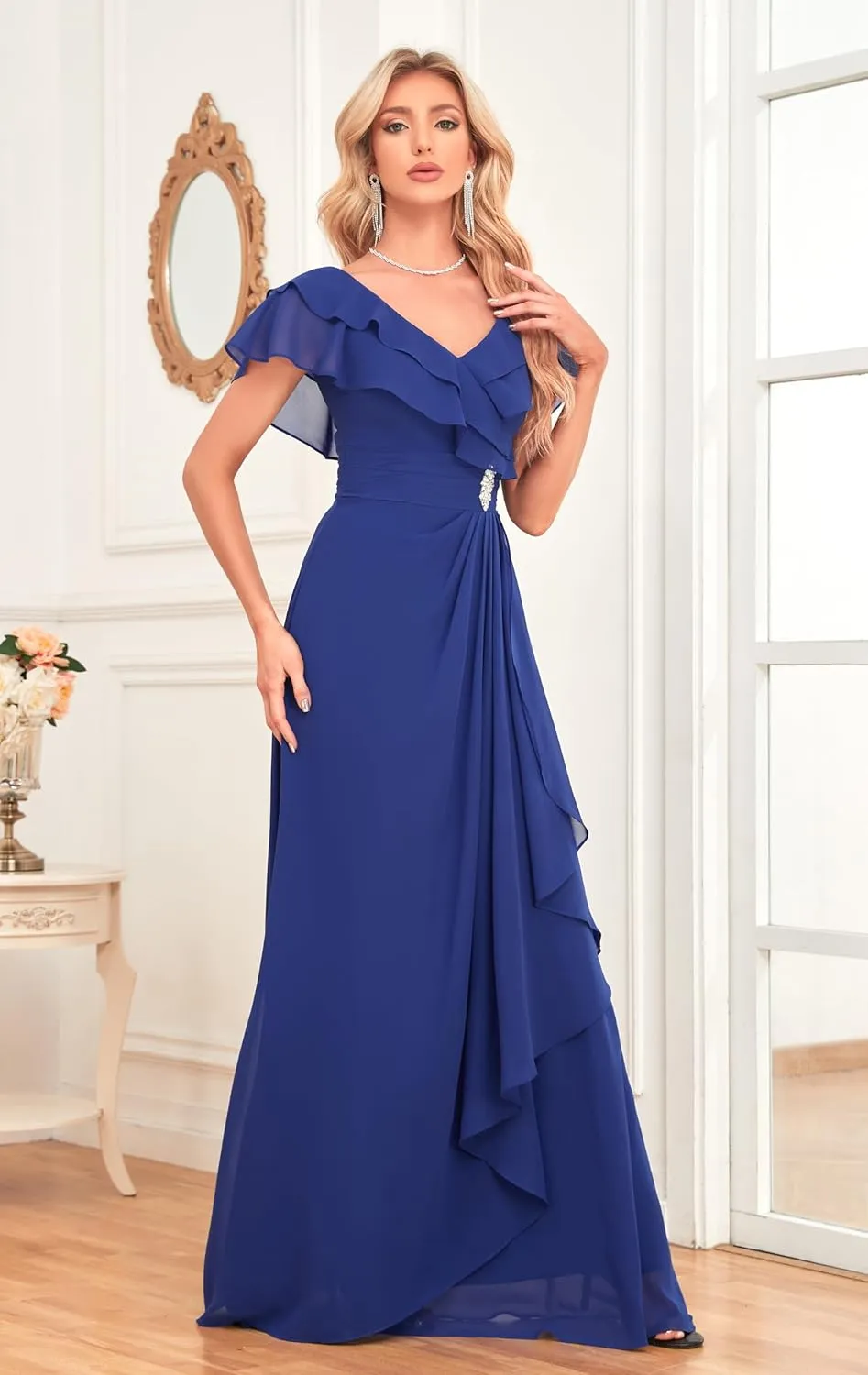 Women's V Neck Bridesmaid Dresses Flutter Sleeves Beaded Chiffon Long Formal Dress with Pockets M027