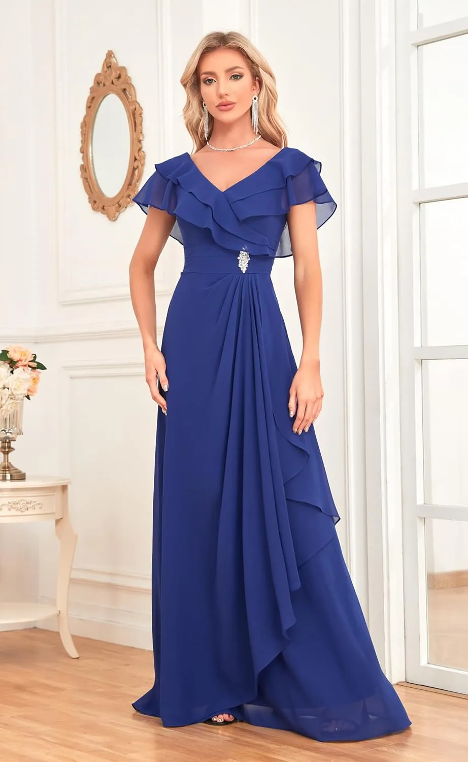 Women's V Neck Bridesmaid Dresses Flutter Sleeves Beaded Chiffon Long Formal Dress with Pockets M027