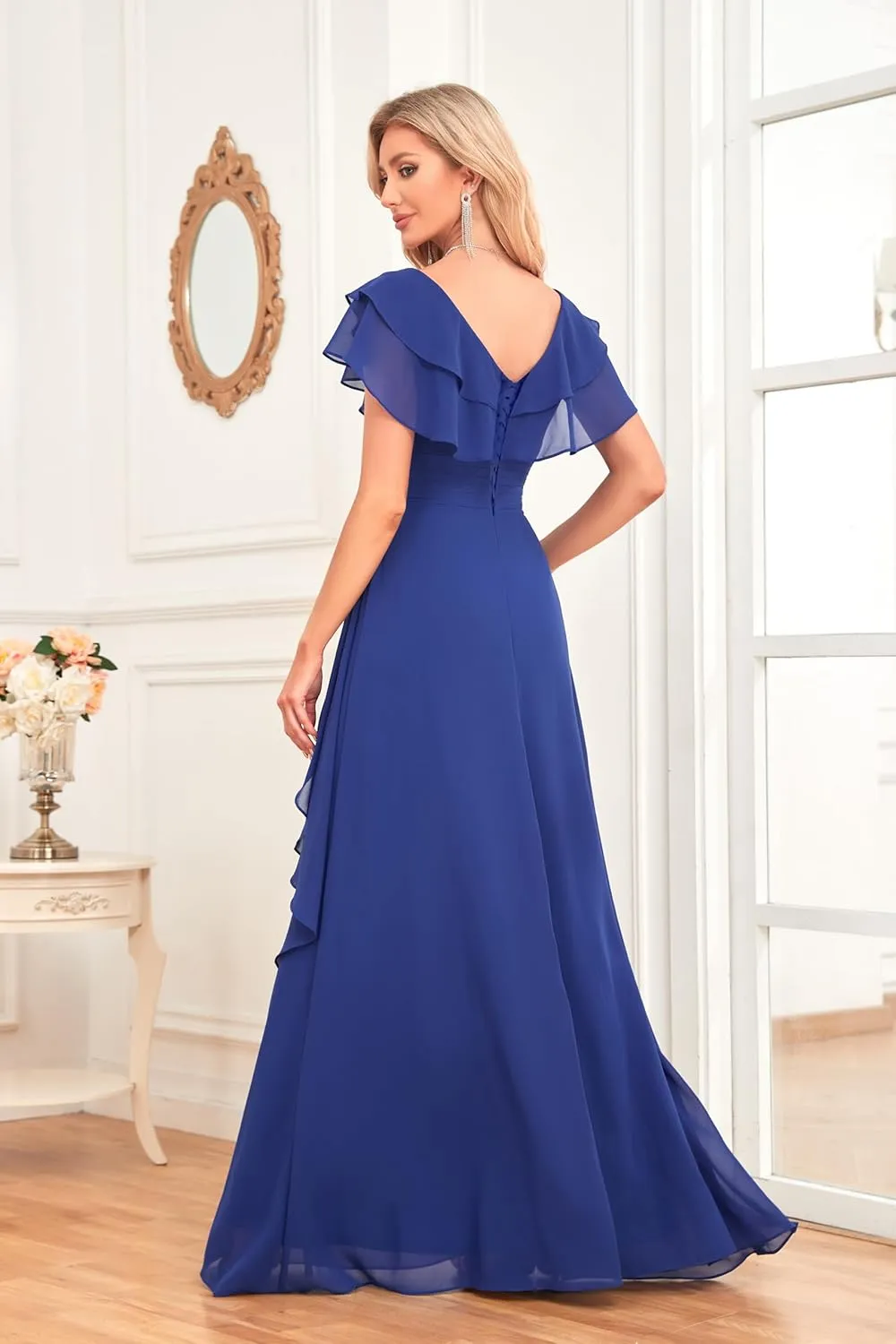 Women's V Neck Bridesmaid Dresses Flutter Sleeves Beaded Chiffon Long Formal Dress with Pockets M027