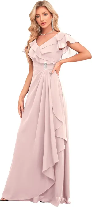 Women's V Neck Bridesmaid Dresses Flutter Sleeves Beaded Chiffon Long Formal Dress with Pockets M027