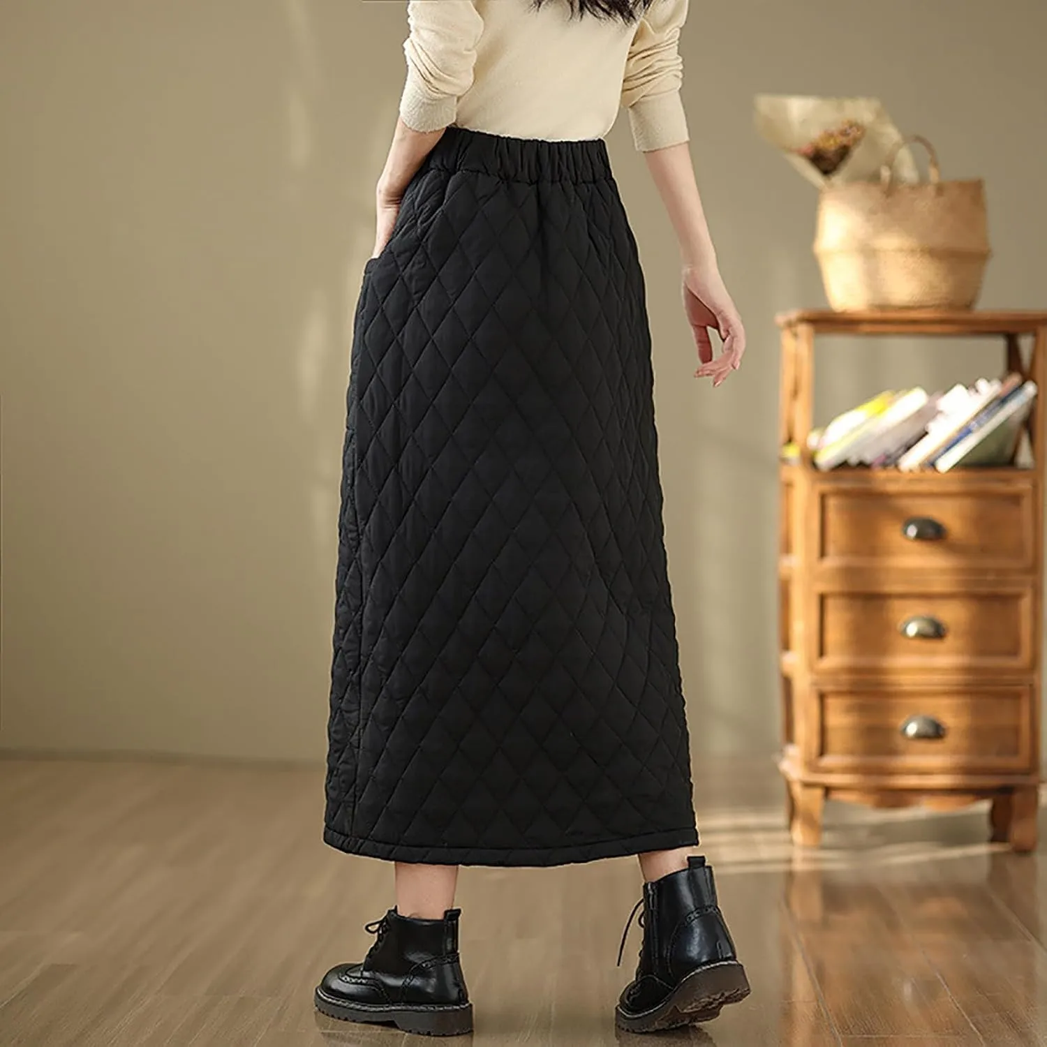 Women's Zipper Front Winter Quilted Skirt, High Waisted Insulated Thicken Warm Cotton Maxi Down Skirts with Pockets