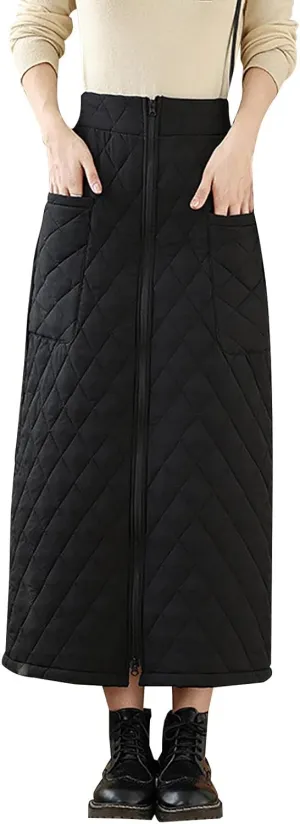 Women's Zipper Front Winter Quilted Skirt, High Waisted Insulated Thicken Warm Cotton Maxi Down Skirts with Pockets