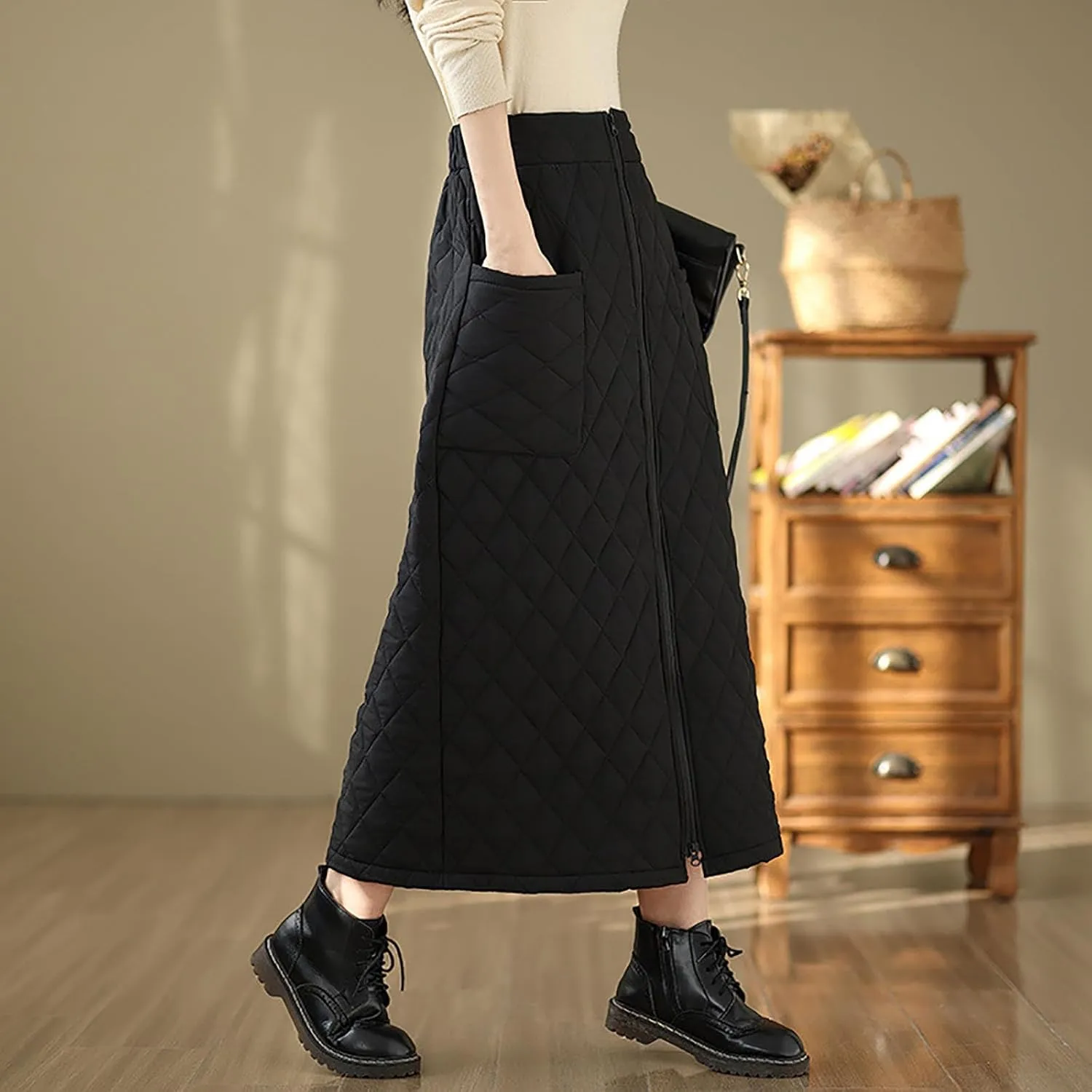 Women's Zipper Front Winter Quilted Skirt, High Waisted Insulated Thicken Warm Cotton Maxi Down Skirts with Pockets