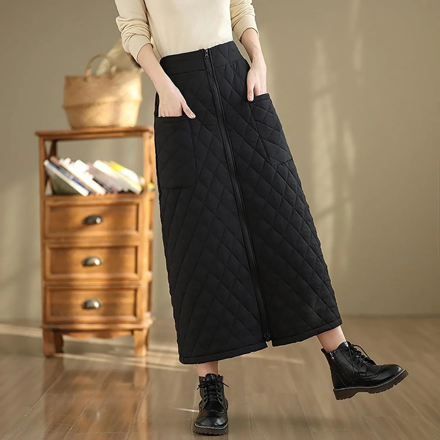 Women's Zipper Front Winter Quilted Skirt, High Waisted Insulated Thicken Warm Cotton Maxi Down Skirts with Pockets