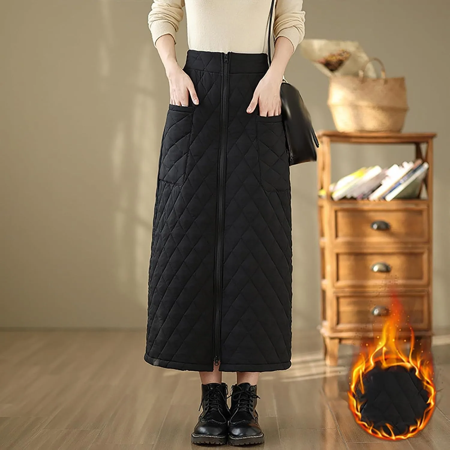Women's Zipper Front Winter Quilted Skirt, High Waisted Insulated Thicken Warm Cotton Maxi Down Skirts with Pockets