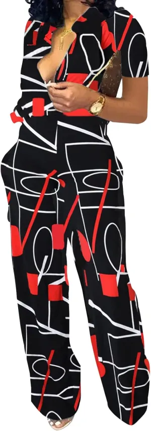 Xinlees Womens Elegant Jumpsuits Casual Short Sleeve Fashion Print Long Pants Rompers Straight Club Outfits