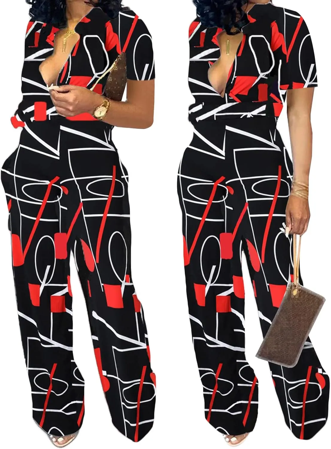 Xinlees Womens Elegant Jumpsuits Casual Short Sleeve Fashion Print Long Pants Rompers Straight Club Outfits
