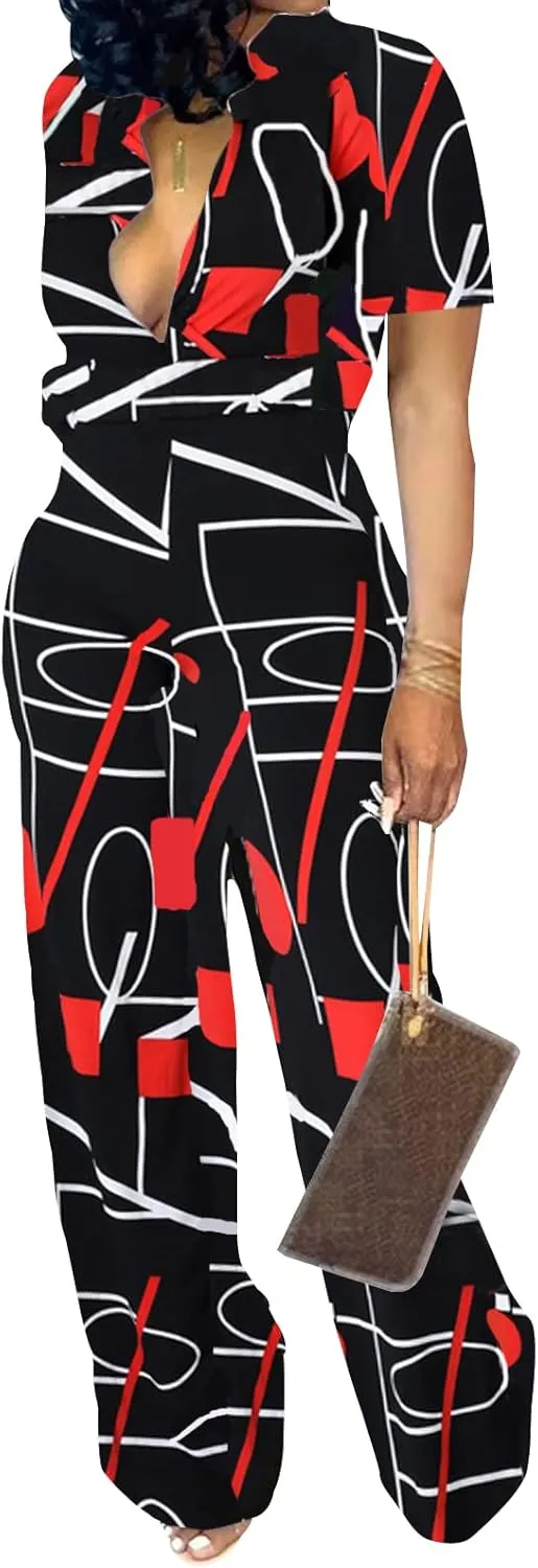 Xinlees Womens Elegant Jumpsuits Casual Short Sleeve Fashion Print Long Pants Rompers Straight Club Outfits