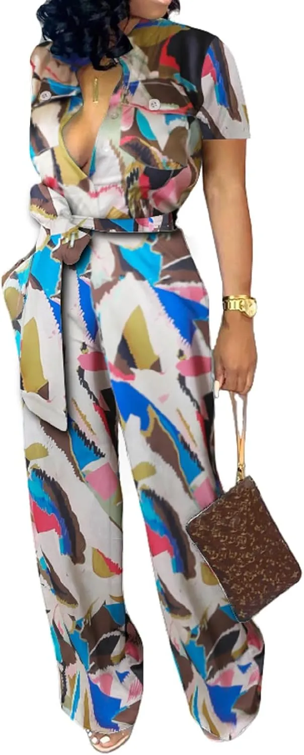 Xinlees Womens Elegant Jumpsuits Casual Short Sleeve Fashion Print Long Pants Rompers Straight Club Outfits