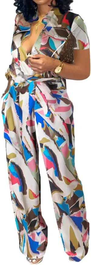 Xinlees Womens Elegant Jumpsuits Casual Short Sleeve Fashion Print Long Pants Rompers Straight Club Outfits