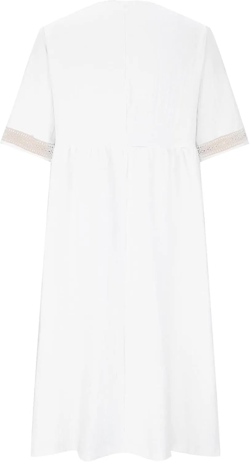 XUNRYAN 2025 Dresses Women Summer Casual Button Flowy Pleated Short Sleeve V-Neck Knee Length Midi Dress Beach Sundress