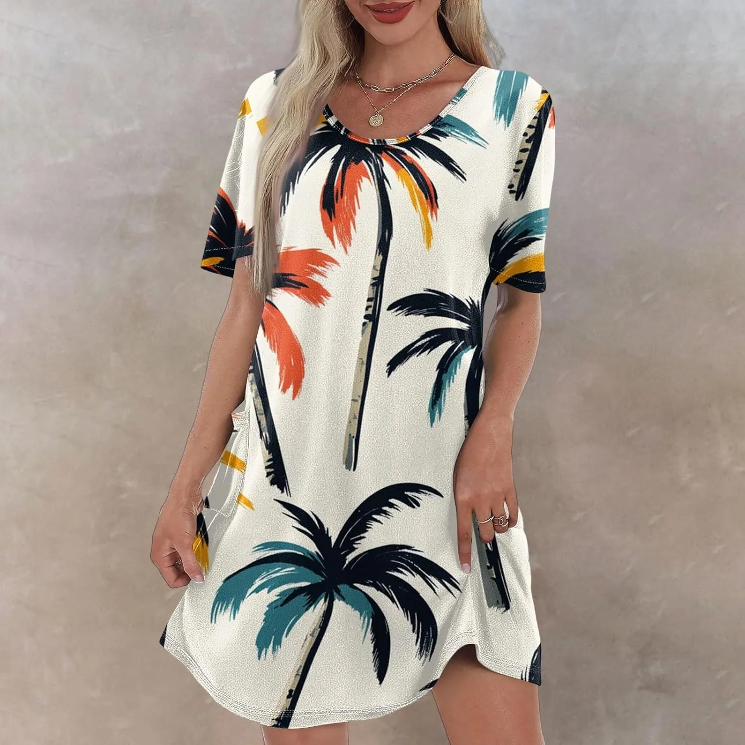 Yesunpxs Summer Dresses for Women 2025 Trendy Print Short Sleeve Sundress Beach Vacation Round Neck Dress Casual Dresses