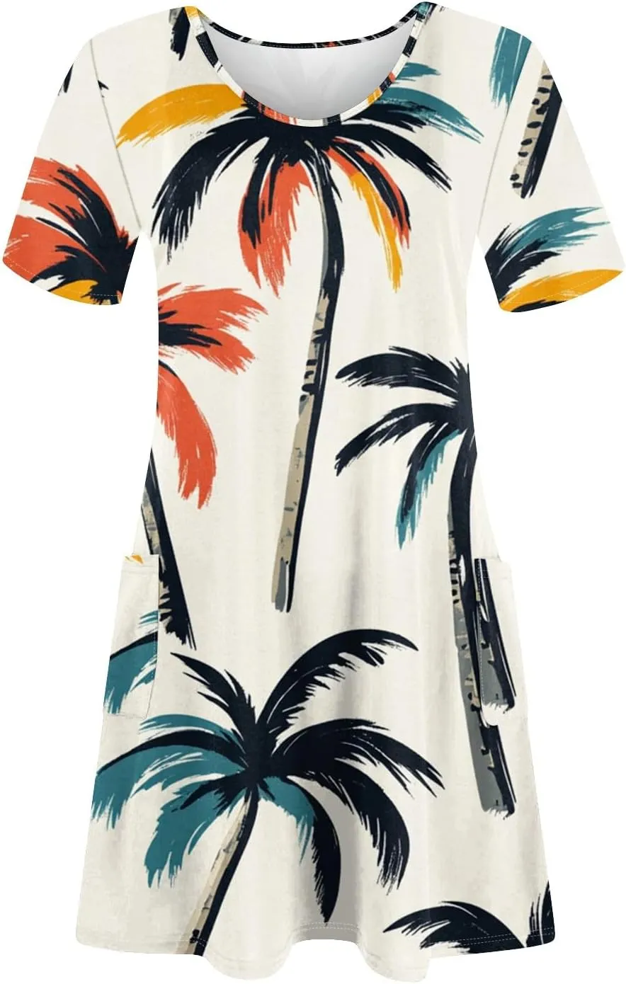 Yesunpxs Summer Dresses for Women 2025 Trendy Print Short Sleeve Sundress Beach Vacation Round Neck Dress Casual Dresses