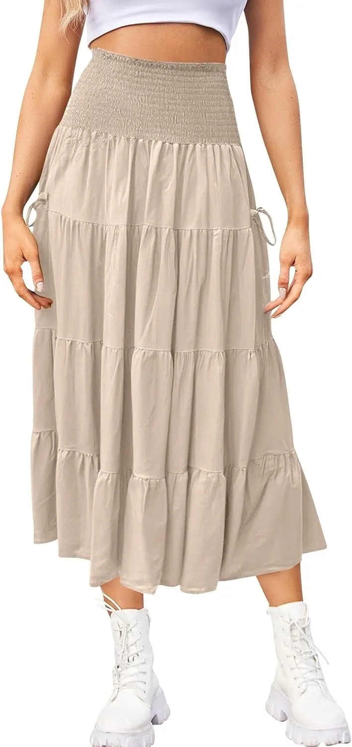 Yesunpxs Womens Tiered Maxi Skirt with Pockets Flowy Boho Elastic High Waisted Skirt Summer Beach Vacation Smocked Tube Dress