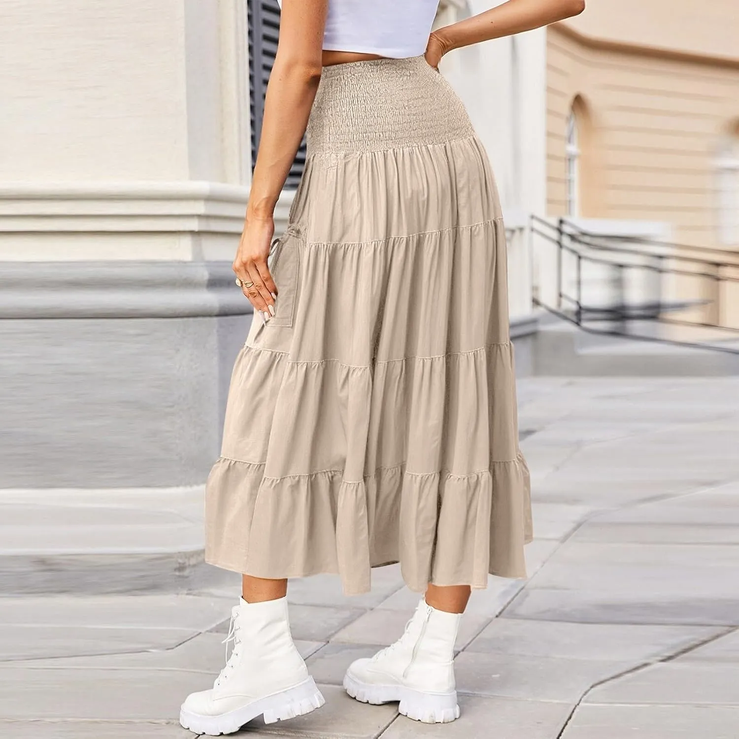Yesunpxs Womens Tiered Maxi Skirt with Pockets Flowy Boho Elastic High Waisted Skirt Summer Beach Vacation Smocked Tube Dress
