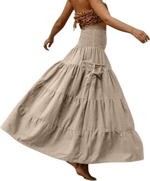 Yesunpxs Womens Tiered Maxi Skirt with Pockets Flowy Boho Elastic High Waisted Skirt Summer Beach Vacation Smocked Tube Dress