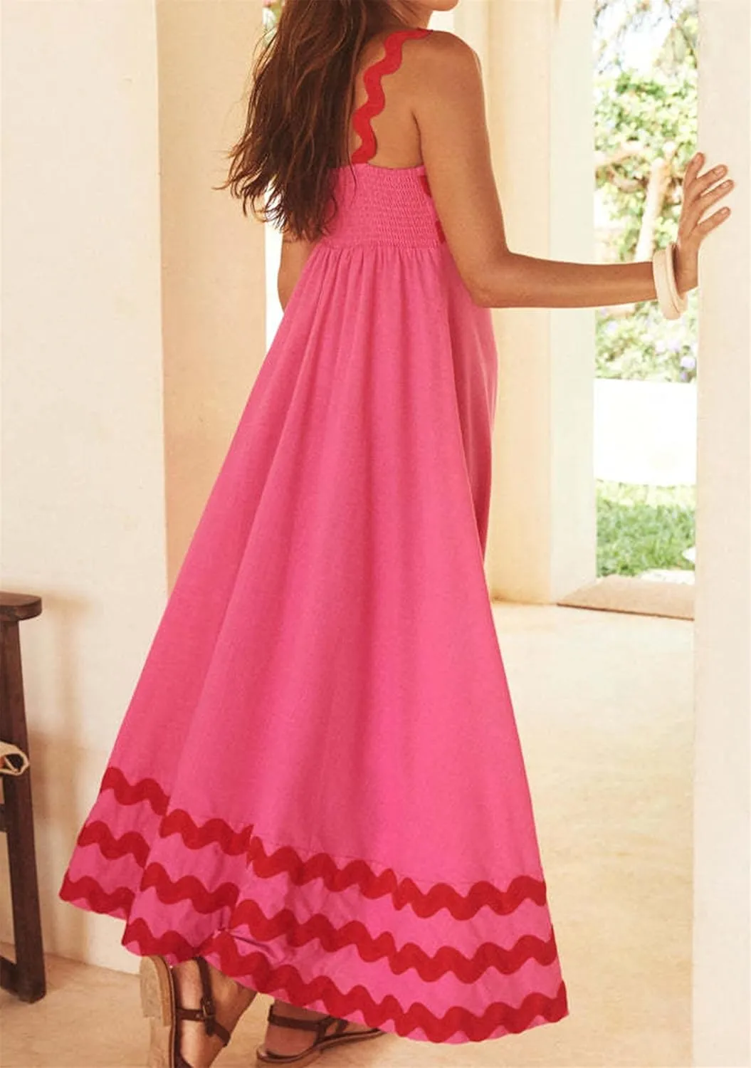 YMING Women Summer Scalloped Cami Dress Sleeveless Rickrack Trim Boho Sundress A-Line Flowy Maxi Dresses