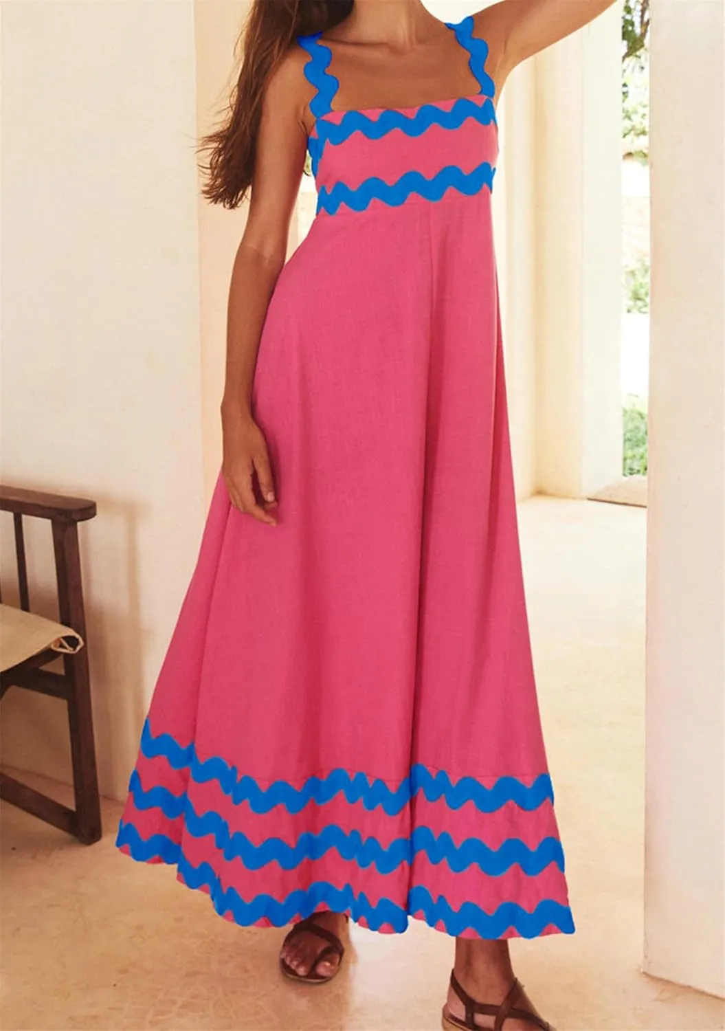YMING Women Summer Scalloped Cami Dress Sleeveless Rickrack Trim Boho Sundress A-Line Flowy Maxi Dresses