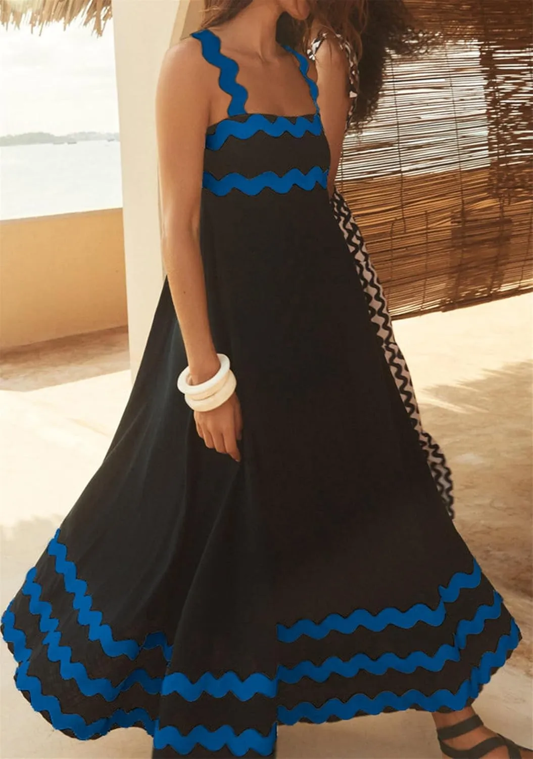 YMING Women Summer Scalloped Cami Dress Sleeveless Rickrack Trim Boho Sundress A-Line Flowy Maxi Dresses