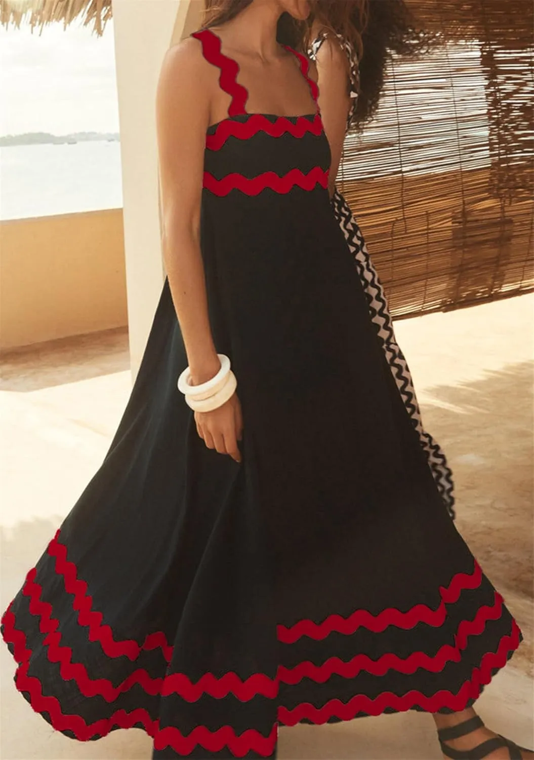 YMING Women Summer Scalloped Cami Dress Sleeveless Rickrack Trim Boho Sundress A-Line Flowy Maxi Dresses