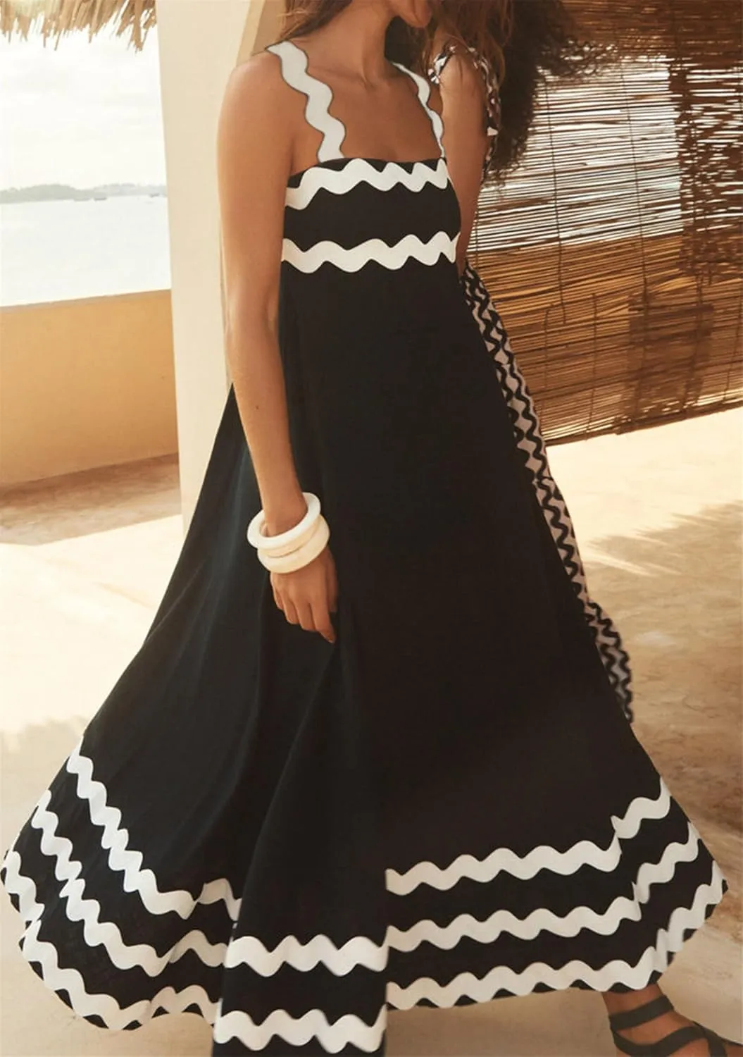 YMING Women Summer Scalloped Cami Dress Sleeveless Rickrack Trim Boho Sundress A-Line Flowy Maxi Dresses
