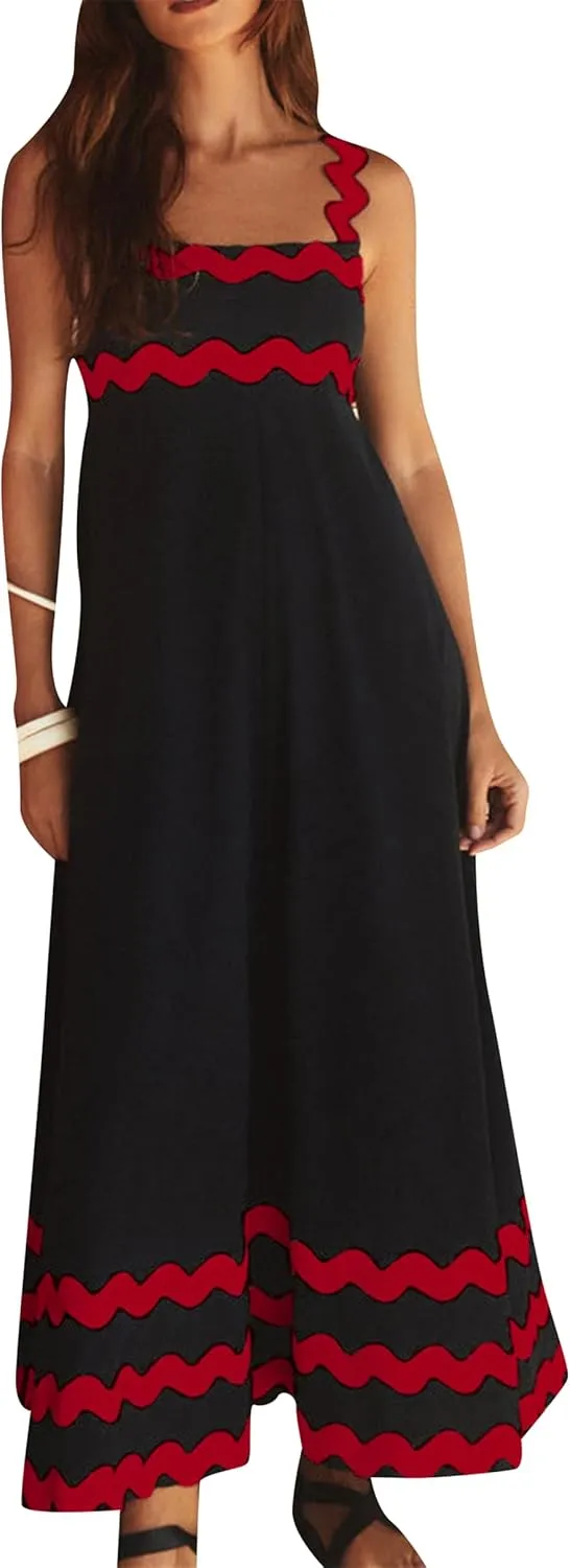 YMING Women Summer Scalloped Cami Dress Sleeveless Rickrack Trim Boho Sundress A-Line Flowy Maxi Dresses