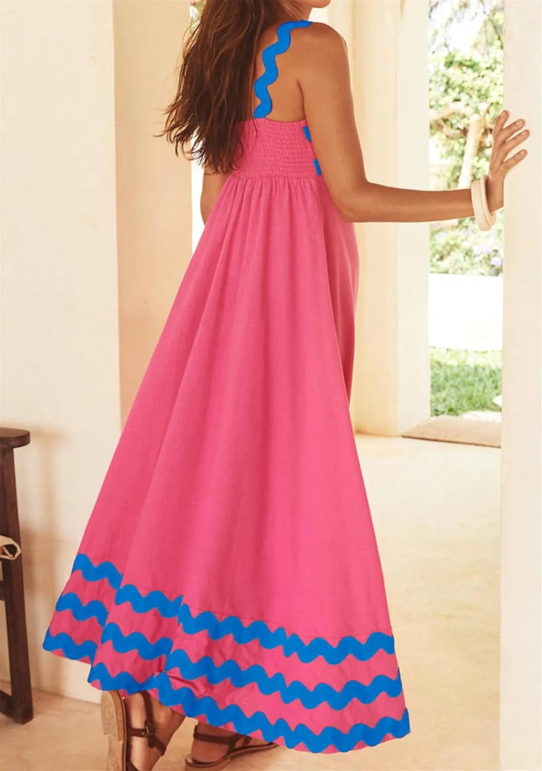 YMING Women Summer Scalloped Cami Dress Sleeveless Rickrack Trim Boho Sundress A-Line Flowy Maxi Dresses