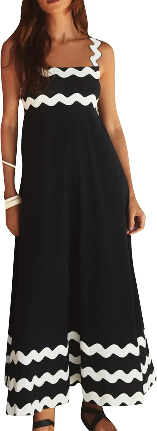 YMING Women Summer Scalloped Cami Dress Sleeveless Rickrack Trim Boho Sundress A-Line Flowy Maxi Dresses