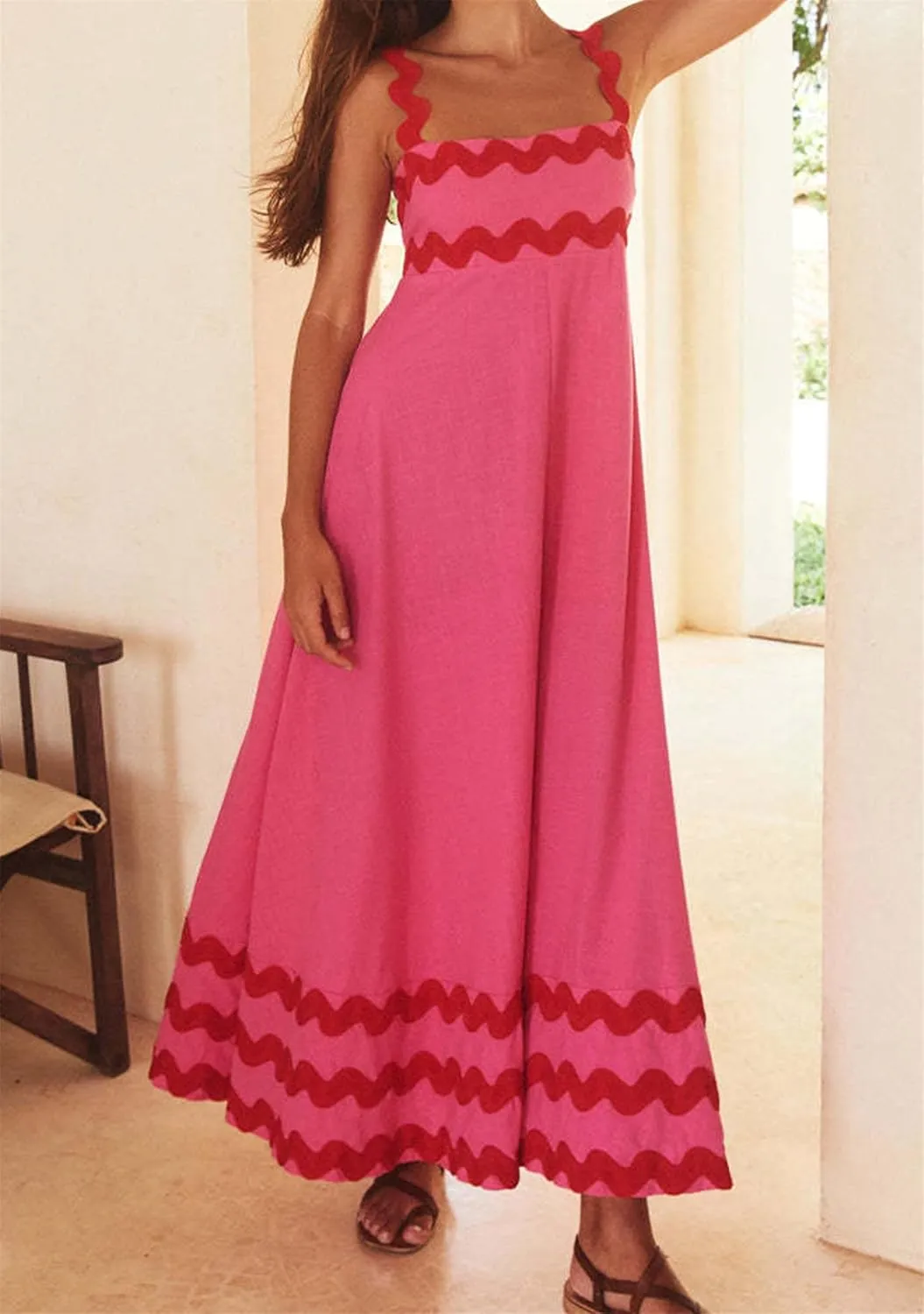 YMING Women Summer Scalloped Cami Dress Sleeveless Rickrack Trim Boho Sundress A-Line Flowy Maxi Dresses