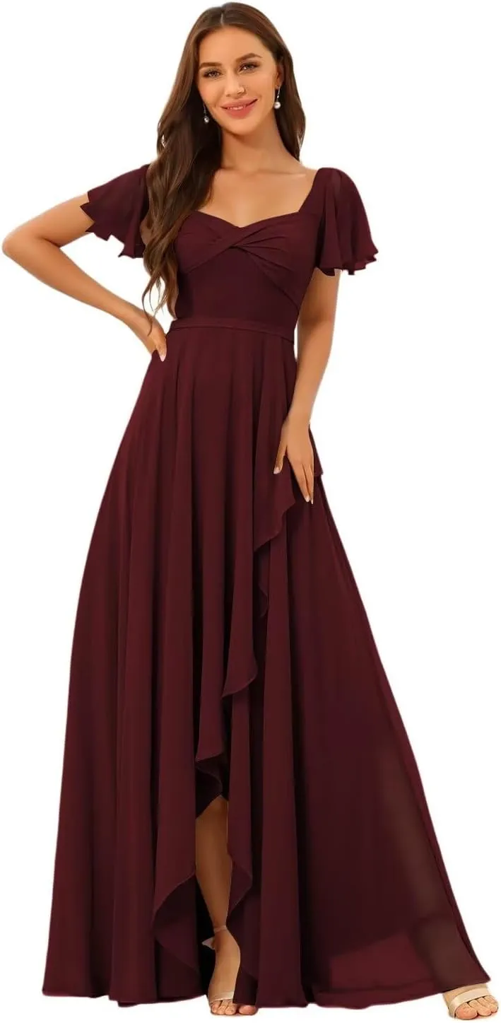 YMSHA Short Sleeve Chiffon Bridesmaid Dresses for Women Square Neck A Line Formal Party Dress YMS391