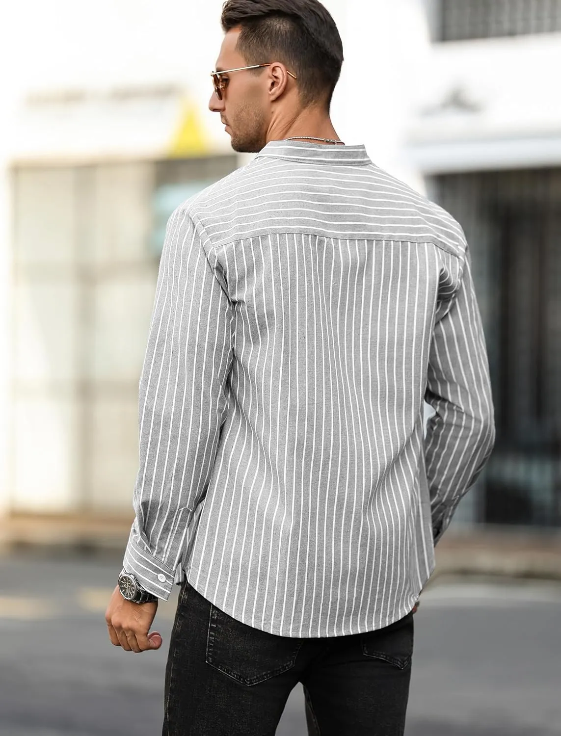 ZAFUL Men's Casual Button-Down Shirts Long Sleeve Striped Cuban Guayabera Banded Collar with Pocket All-Day Shirt Tops