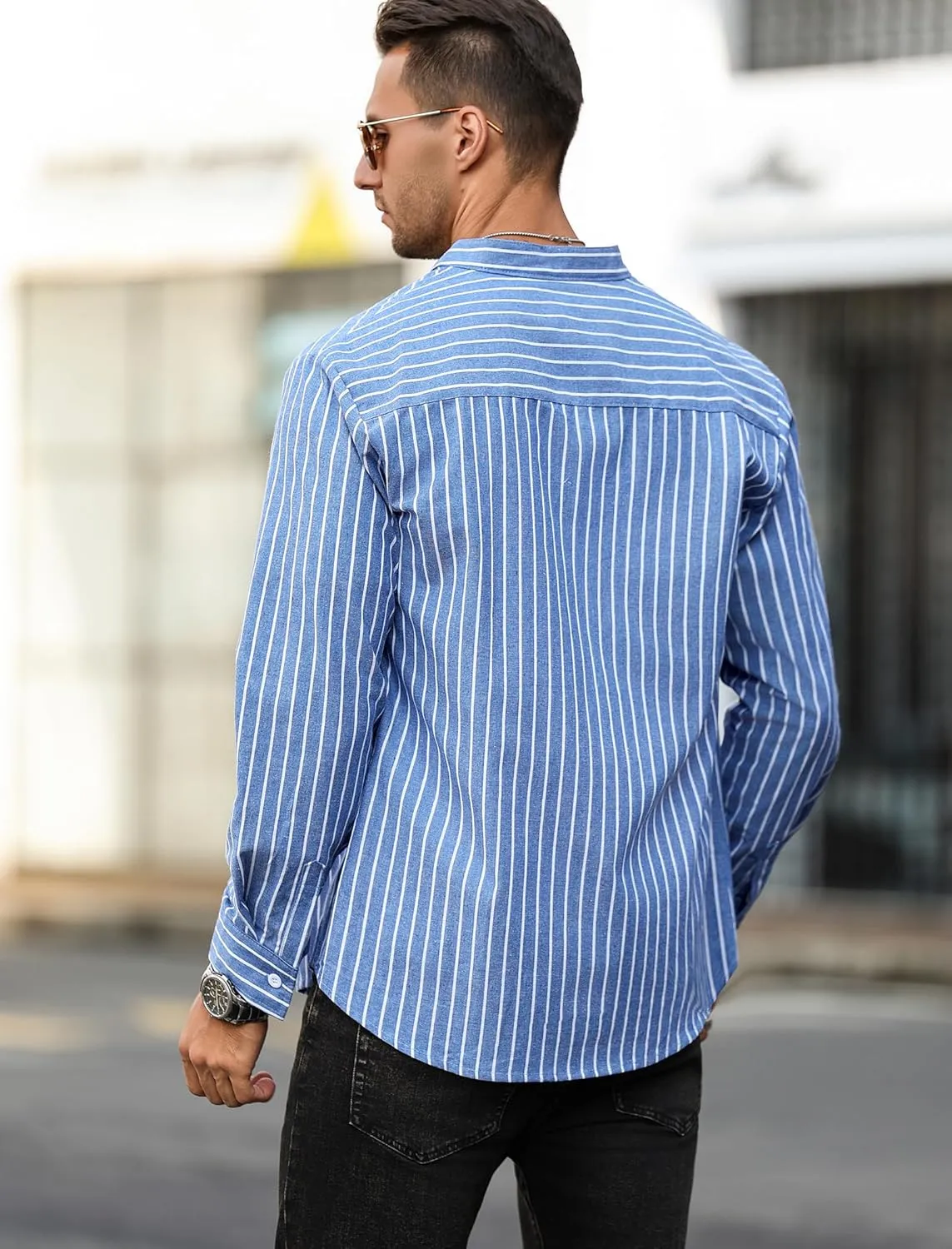 ZAFUL Men's Casual Button-Down Shirts Long Sleeve Striped Cuban Guayabera Banded Collar with Pocket All-Day Shirt Tops