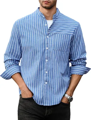 ZAFUL Men's Casual Button-Down Shirts Long Sleeve Striped Cuban Guayabera Banded Collar with Pocket All-Day Shirt Tops