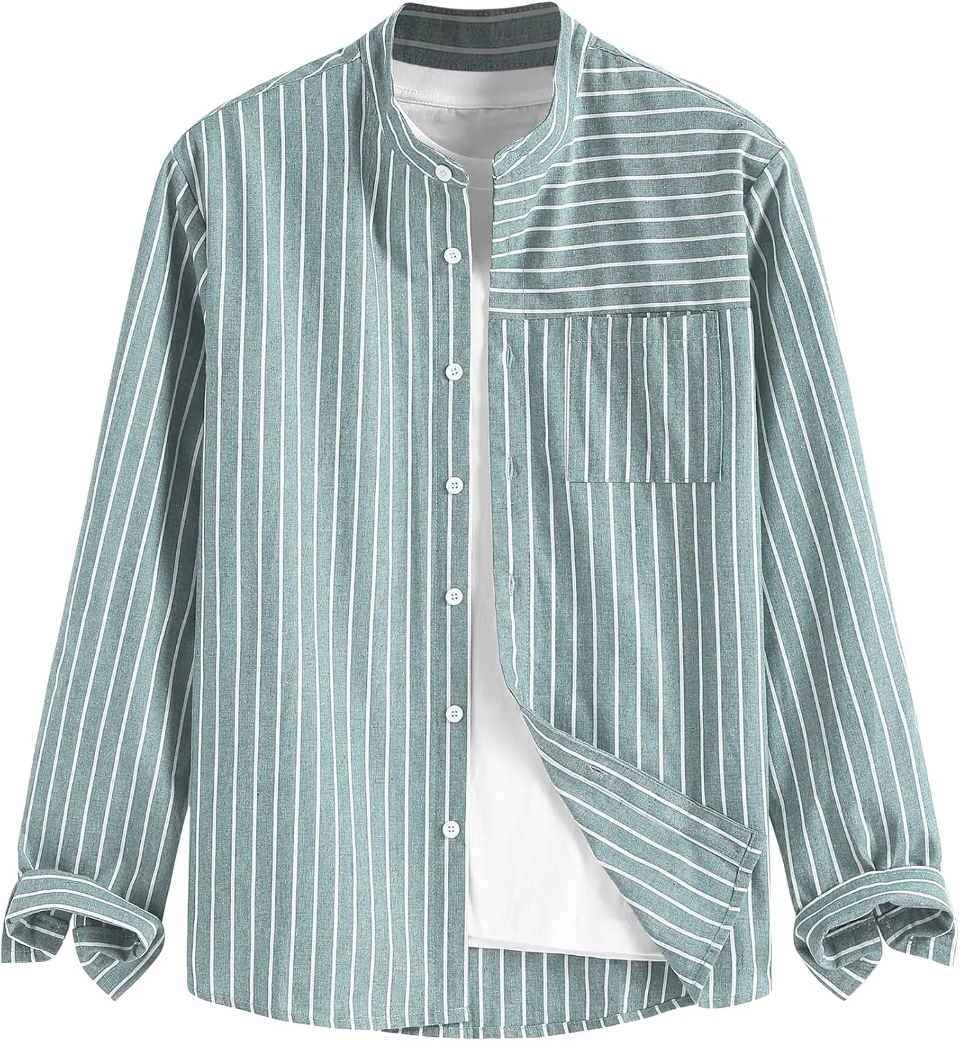 ZAFUL Men's Casual Button-Down Shirts Long Sleeve Striped Cuban Guayabera Banded Collar with Pocket All-Day Shirt Tops