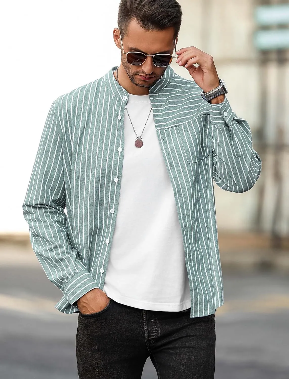 ZAFUL Men's Casual Button-Down Shirts Long Sleeve Striped Cuban Guayabera Banded Collar with Pocket All-Day Shirt Tops