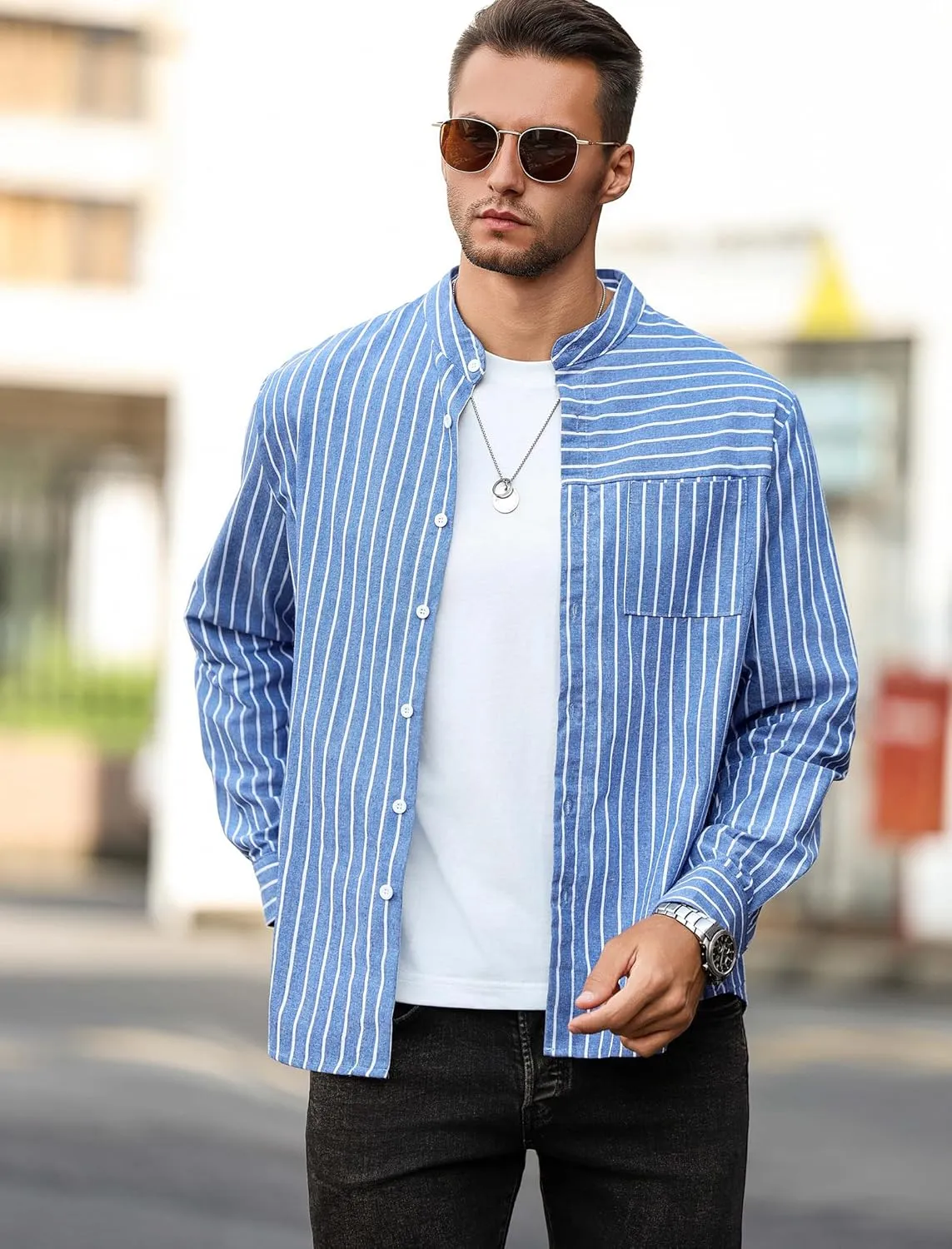 ZAFUL Men's Casual Button-Down Shirts Long Sleeve Striped Cuban Guayabera Banded Collar with Pocket All-Day Shirt Tops