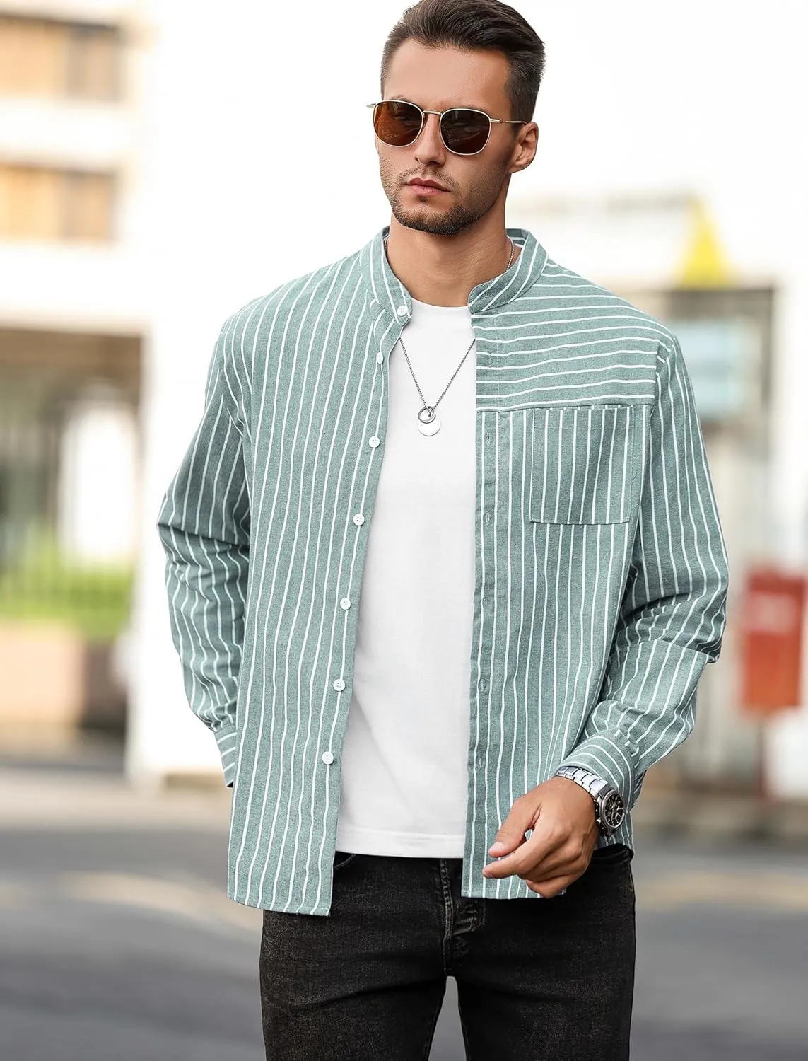 ZAFUL Men's Casual Button-Down Shirts Long Sleeve Striped Cuban Guayabera Banded Collar with Pocket All-Day Shirt Tops
