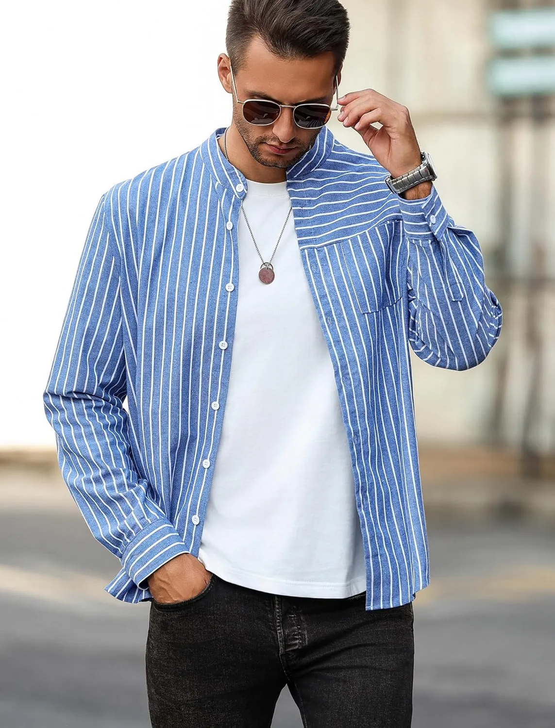 ZAFUL Men's Casual Button-Down Shirts Long Sleeve Striped Cuban Guayabera Banded Collar with Pocket All-Day Shirt Tops