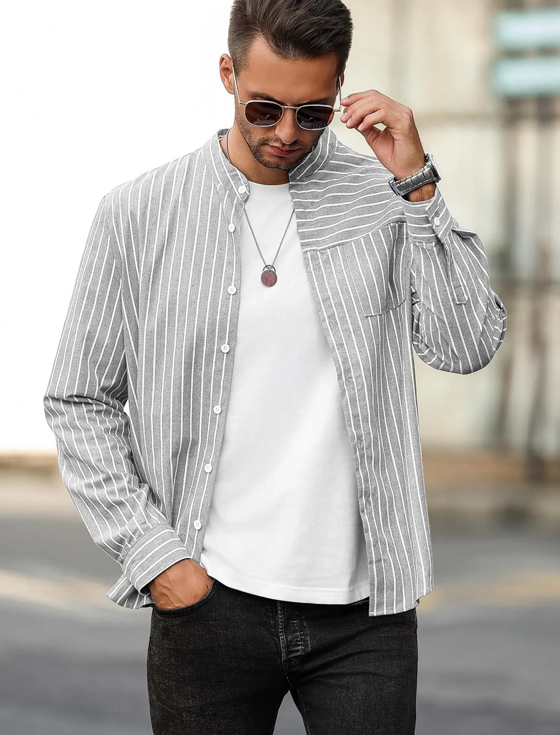 ZAFUL Men's Casual Button-Down Shirts Long Sleeve Striped Cuban Guayabera Banded Collar with Pocket All-Day Shirt Tops