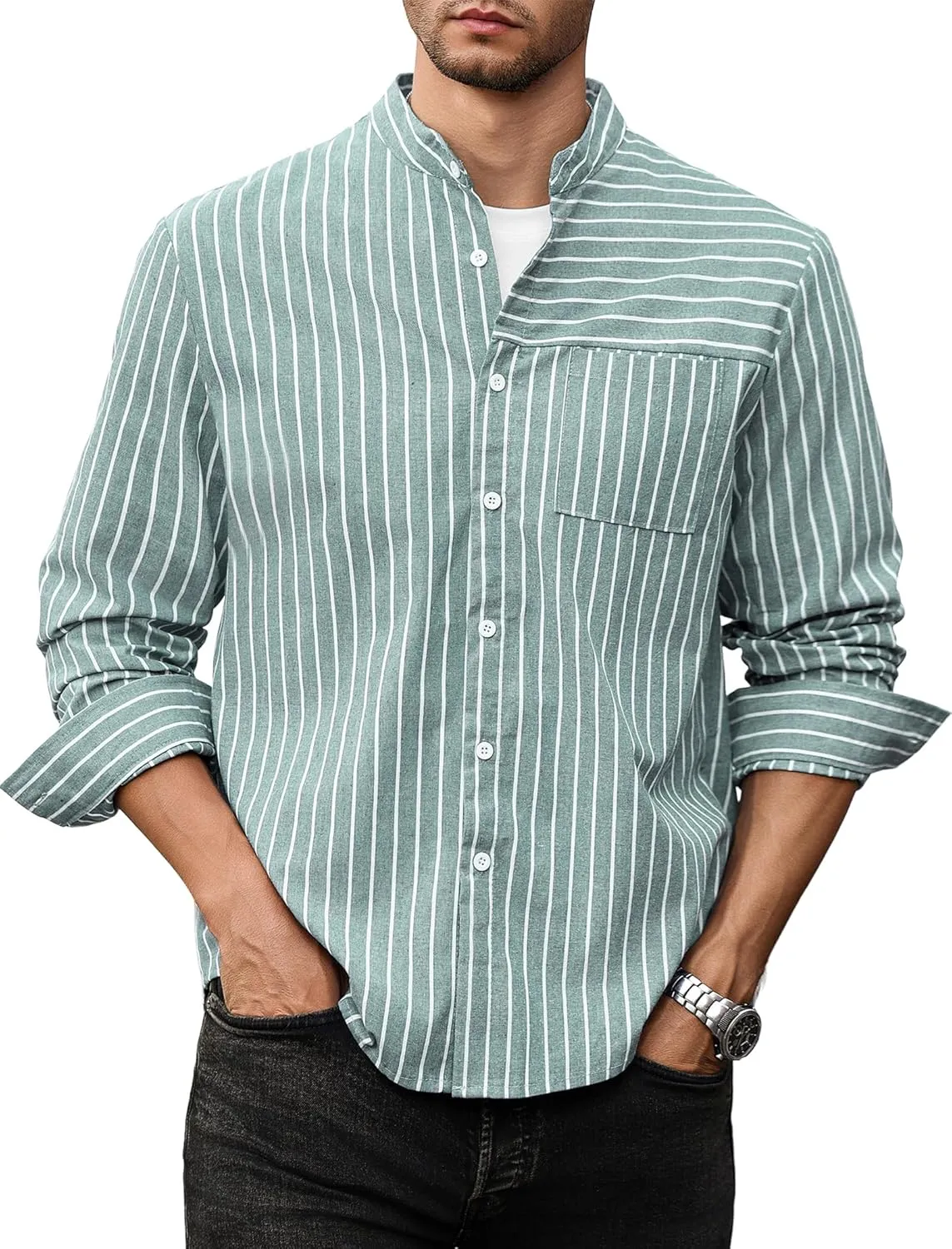 ZAFUL Men's Casual Button-Down Shirts Long Sleeve Striped Cuban Guayabera Banded Collar with Pocket All-Day Shirt Tops
