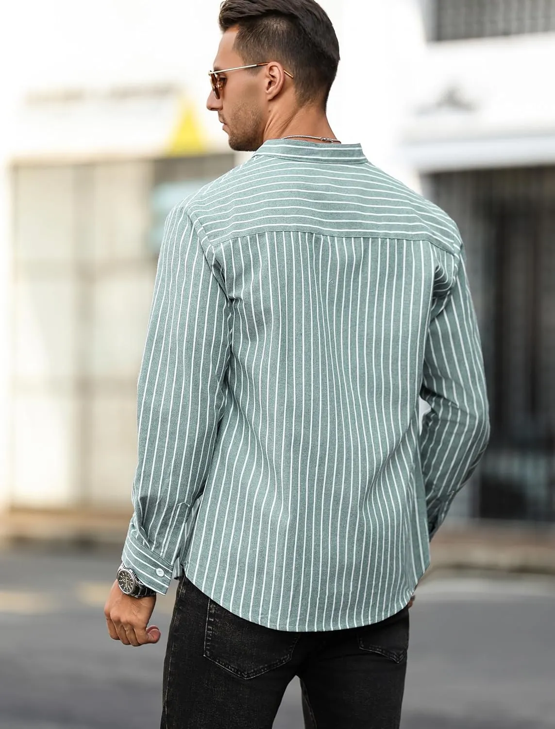 ZAFUL Men's Casual Button-Down Shirts Long Sleeve Striped Cuban Guayabera Banded Collar with Pocket All-Day Shirt Tops